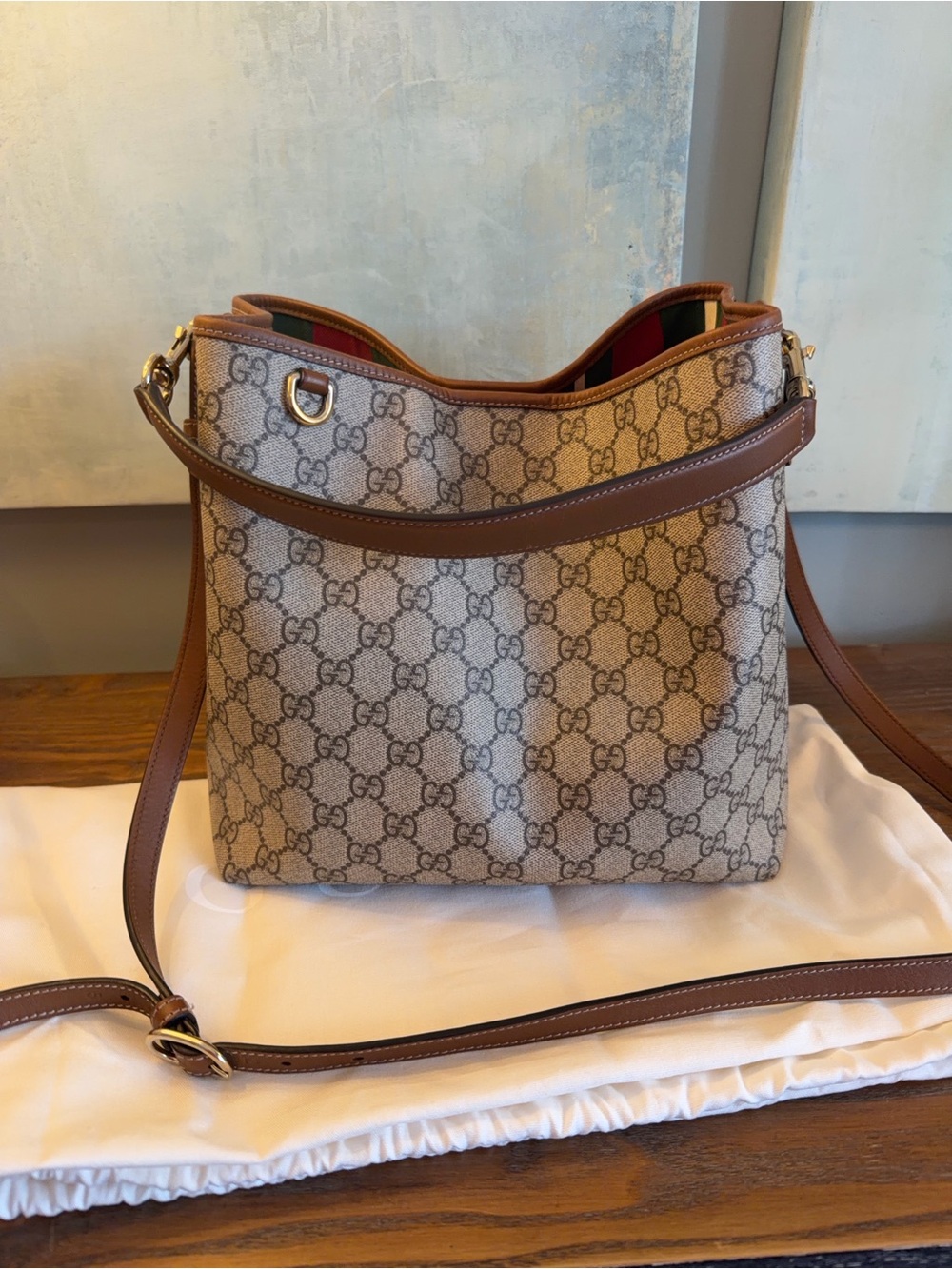 Gucci Beige GG Supreme Canvas Shoulder Bag with Brown Leather Trim